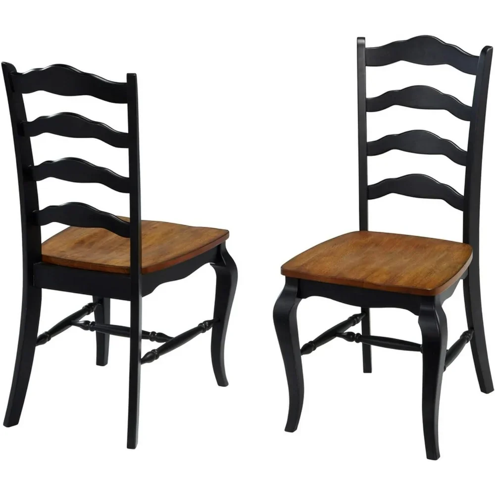 French Countryside Oak and Black Pair of Dining Chairs with Distressed Oak Contoured Seat, Rubbed Black Finish