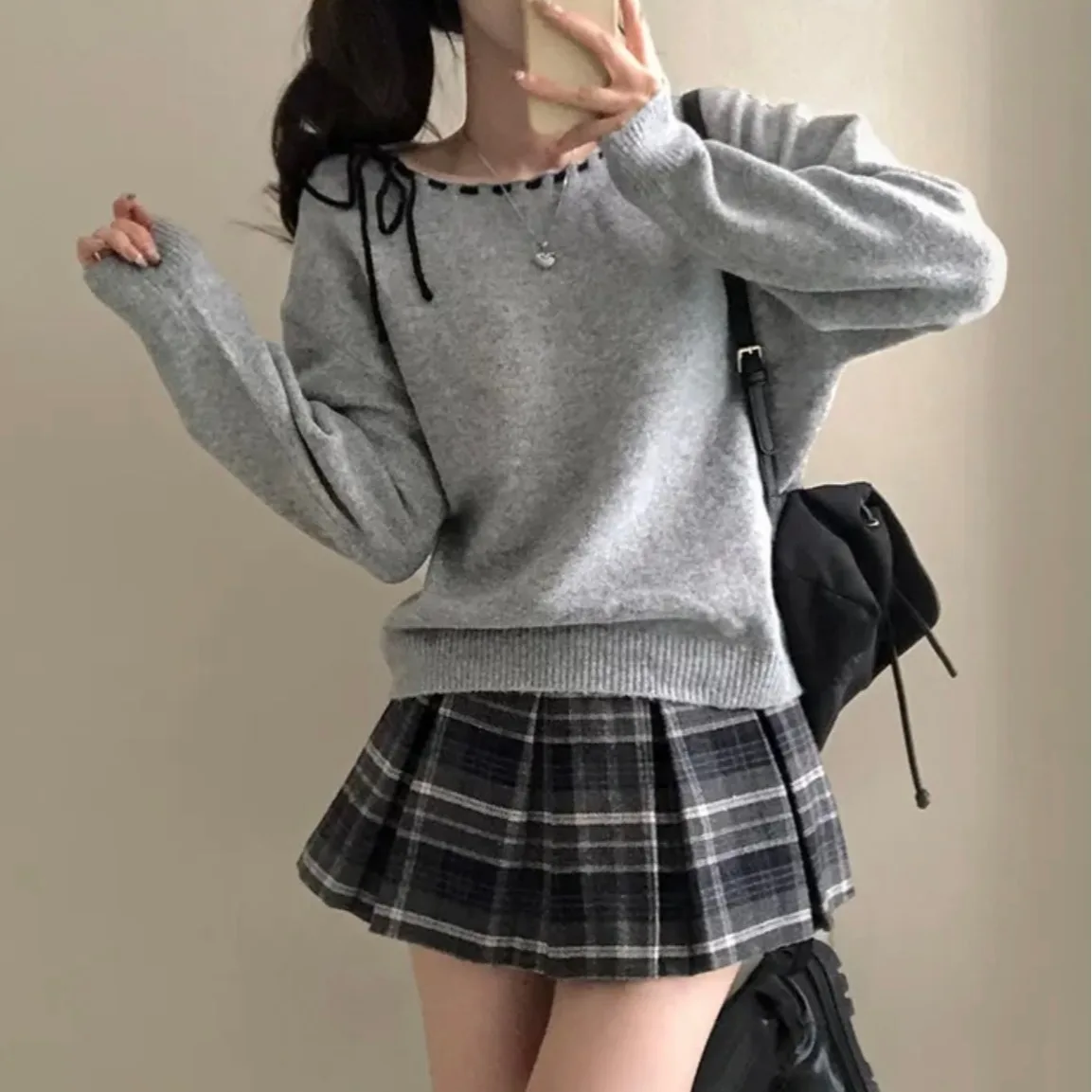 

Women's Knitted Sweater Chic Versatile Loose Sweet Sle Tied round Ne Color Blo Soft Warm Top Korean Version Commute