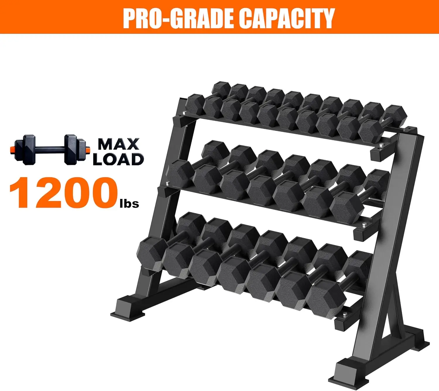 Heavy Duty Three Tier Dumbbell Rack Stand, 1200LBS Commercial Weight Storage Organizer for Home Gym, Multi Functional Fitness Equipment Stand view 2
