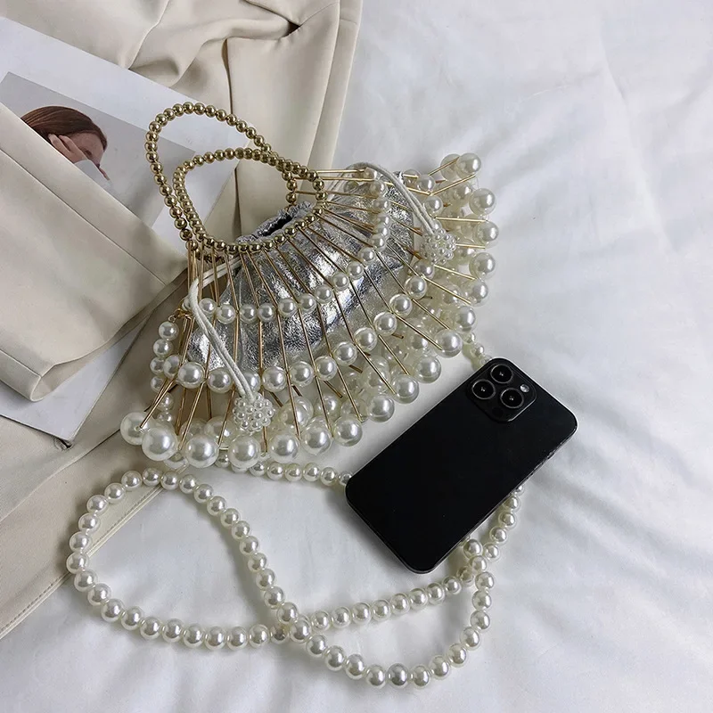 Silver Pearl Evening Clutch Bag Luxury Designer Handbag Purse For Women Female Hollow Out Shoulder Crossbody Bag Party Wedding