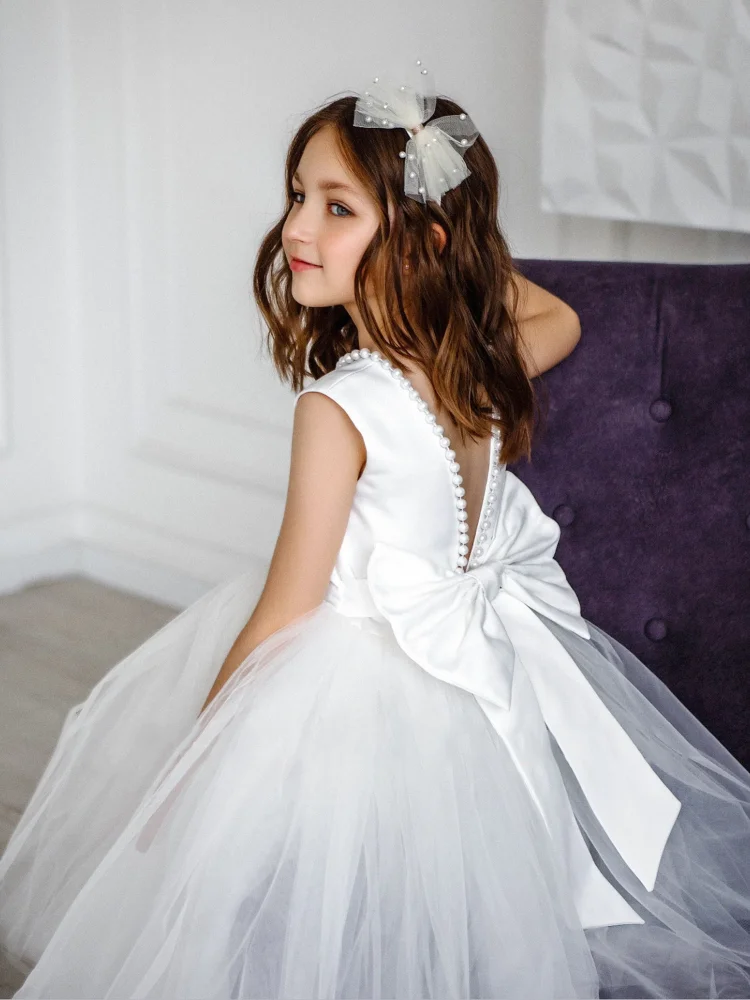 Vestidos de flores blancas para niña, tul con perlas hinchadas, cuello con lazo, sin mangas para boda, fiesta de cumpleaños, banquete, vestidos de princesa