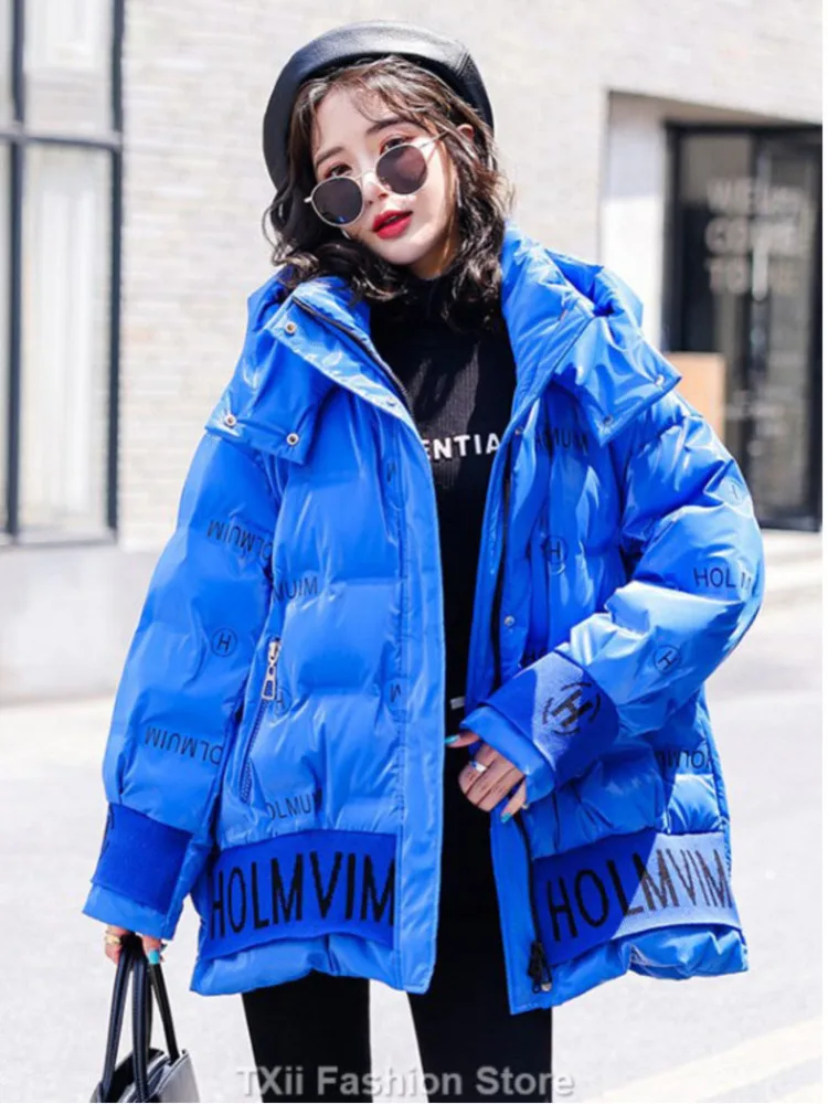 TXii Letter Print Down Jackets Women Hooded Fashion Short Parkas Thick Warm Winter Jacket High Quality Glossy Puffer Coat Female