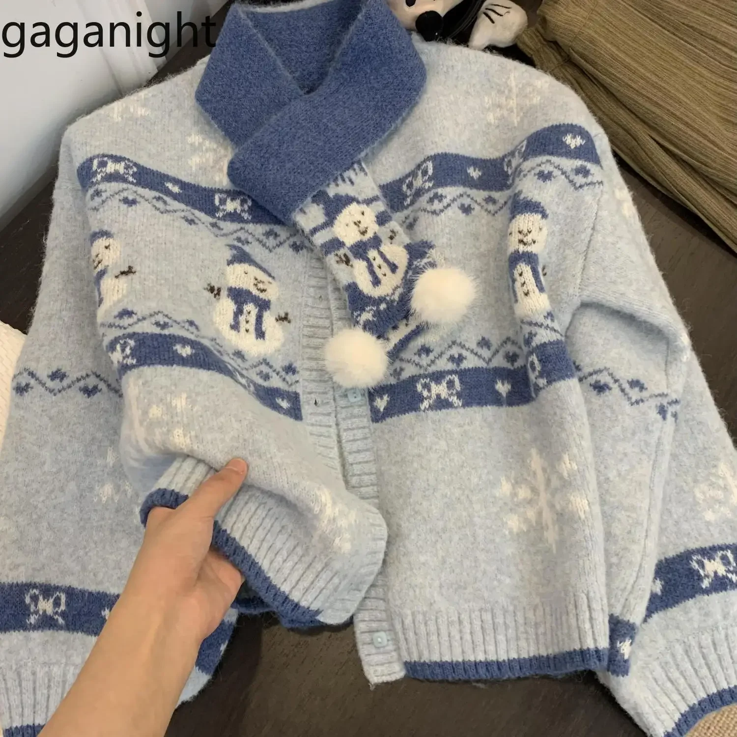 Gaganight Women Lazy O neck Snowman Scarf 2024 Autumn Winter New Chinese New Year Christmas Cardigan Loose Sweater Knitted Top