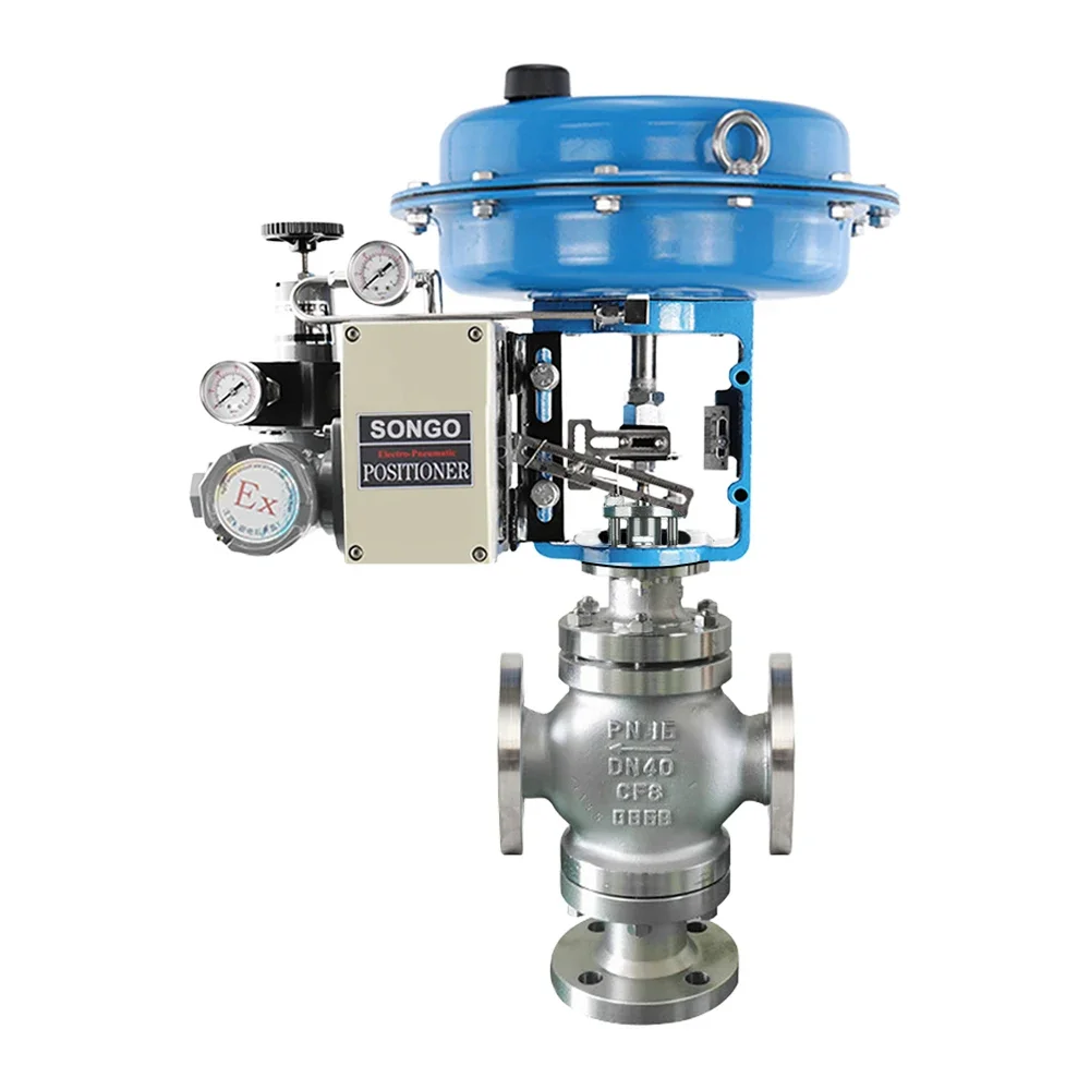 Diffluence type SS304 3way Pneumatic Diaphragm steam Control Valve Modulating Valve flange end Regulating pneumatic globe Valve