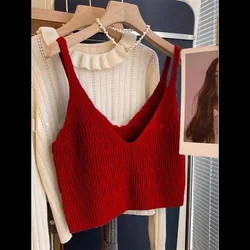 Korean Style Color V-Neck Knitted Strap Vest Women's Spring Summer Short Top Small Size Ladies Fashion Layering