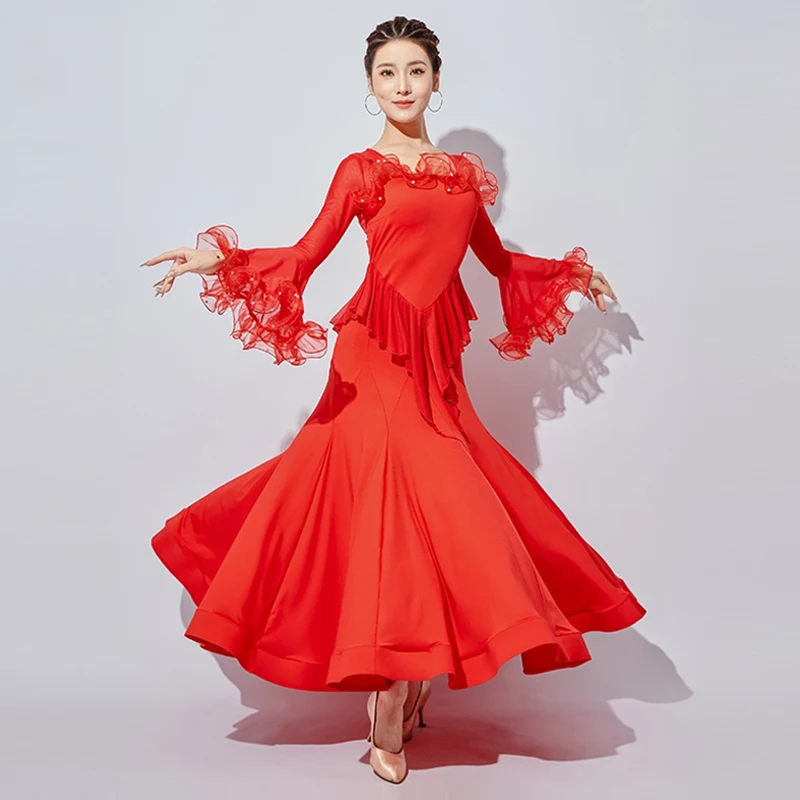 Black Standard Dance Long Dresses Women Flare Sleeve Ballroom Modern Dance Dress Waltz Stage Performance Wear Ball Gowns VDL3323