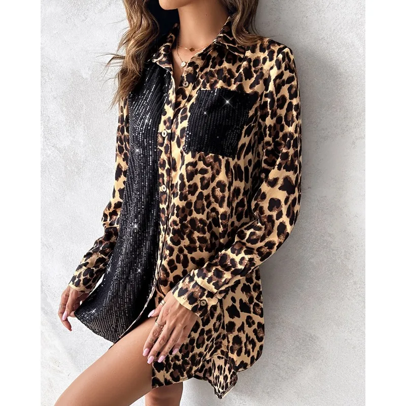 2024 Spring Summer New Women\'s Satin Sequined Button Leopard Print Lapel Single Breasted Dress