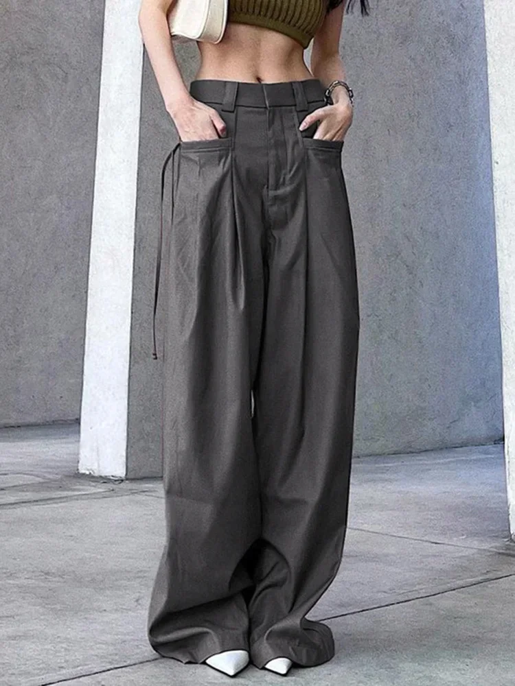 Loose Low Waist Solid Pants Women Summer High Waist Casual Wide Leg Trousers with Side Tie Retro Office Dress Pants with Draping
