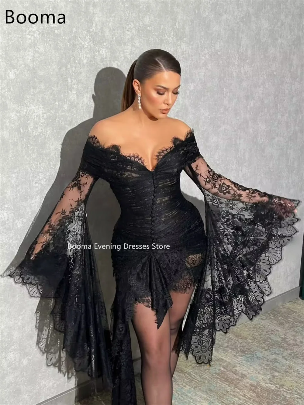 Booma Sexy A-lijn Uit De Schouder Kanten Jurken Formele Partij Jassen voor Vrouwen Mini Eenvoudige Plooi Prom Gown Aanpassen 2025