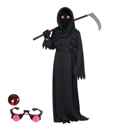 Boys Red Eye Grim Reaper Horror Robe Kids Devil Ghost Cosplay Hooded Mask Lace Costume Halloween Sickle Gloves Party Favor