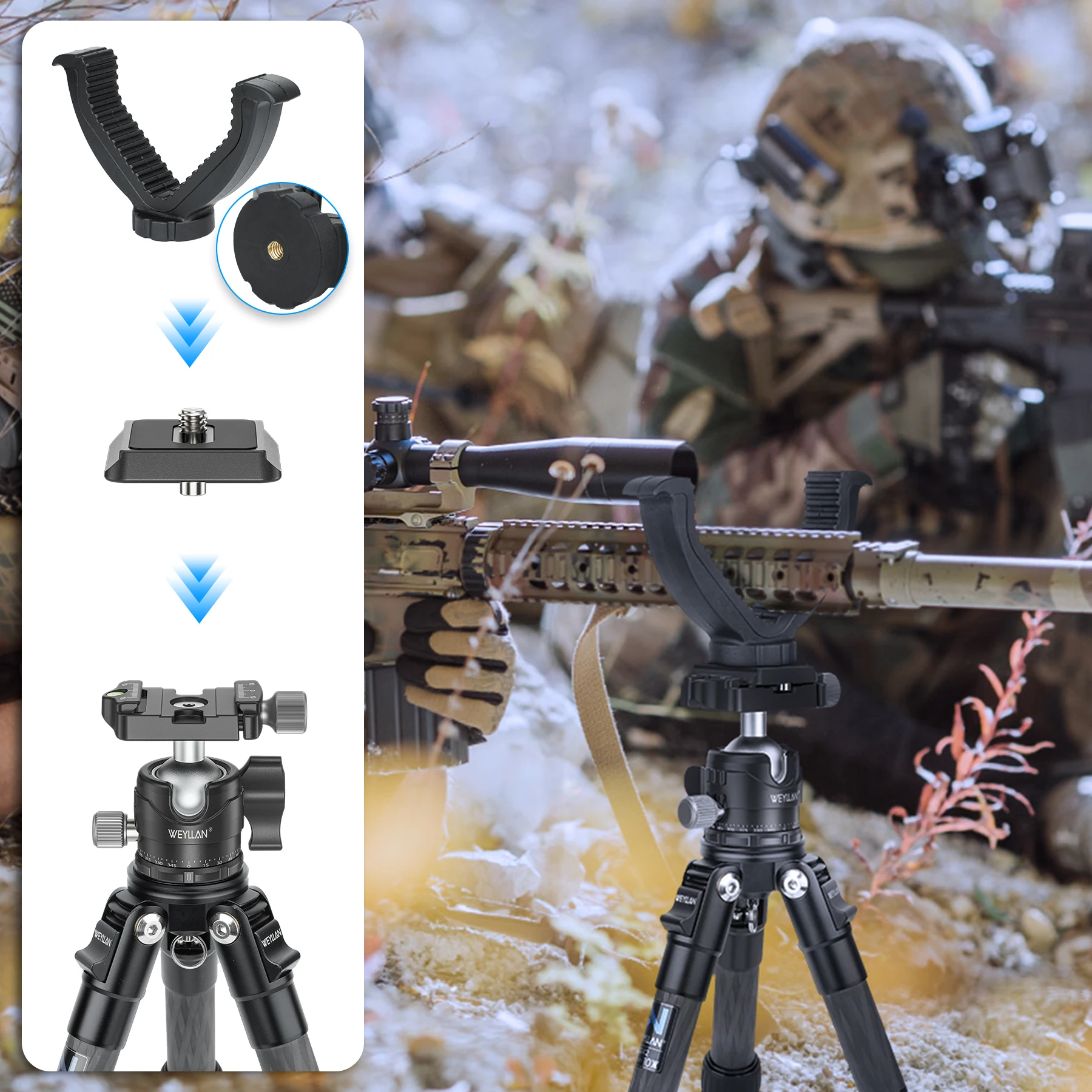 WEYLLAN GX2 Carbon Fiber Tripod Compact Lightweight Portable Tabletop Tripods 360° Ball Head Max Load 10kg for DSLR Camera Phone