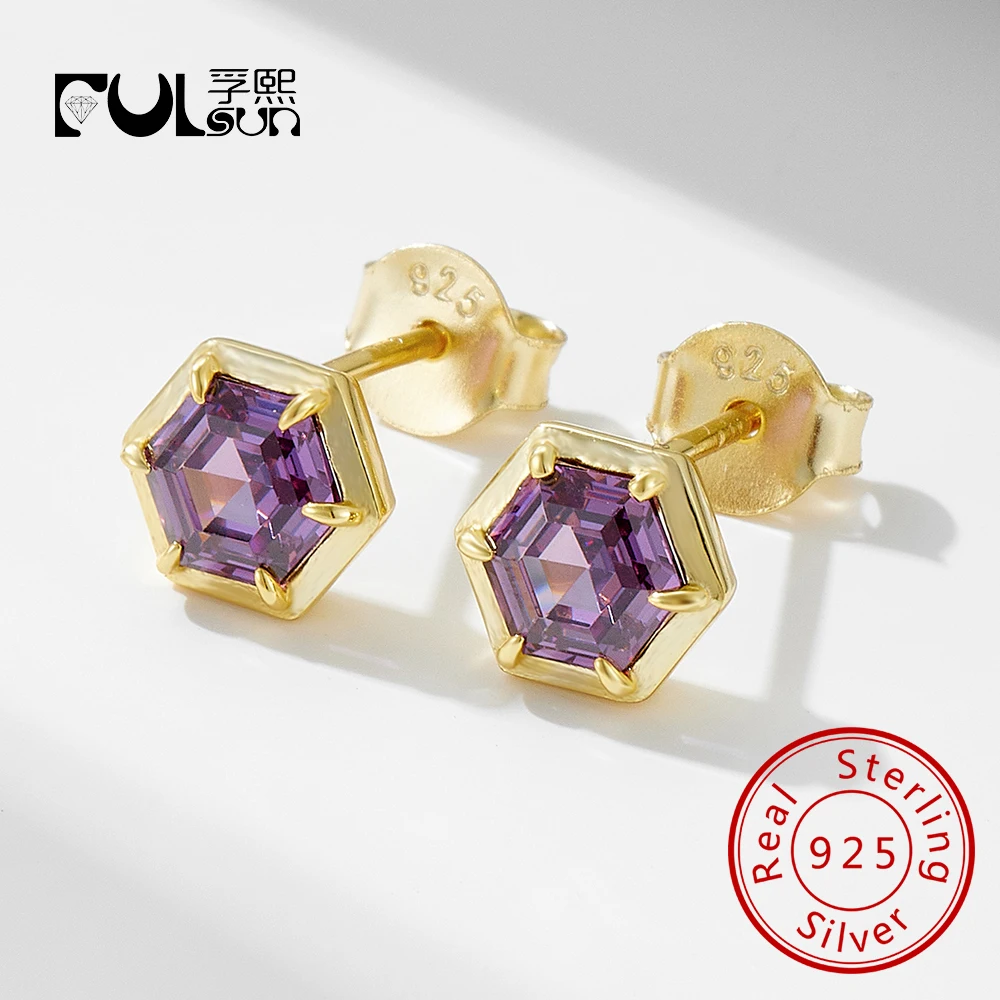 

Fashion Simple Geometric Hexagonal Amethyst Zircon Sterling 925 Silver Jewelry 14k Gold Plated Stud Earrings for Women