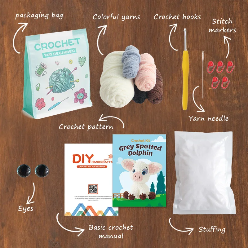 Pig Animal Doll DIY Knitting Kit for Beginners, Ice Yarn Crochet Hook Material Set with English Tutorial