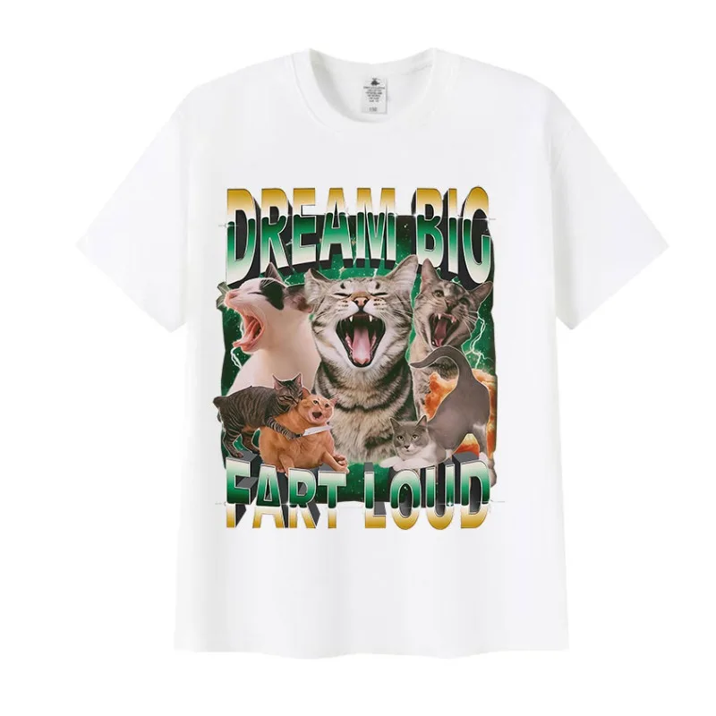 レディース ファッション ファン Tシャツ Dream Big, Fart Loud 面白い猫 レトロ プリント クルーネック 半袖 コットン シャツ ストリートウェア Tシャツ