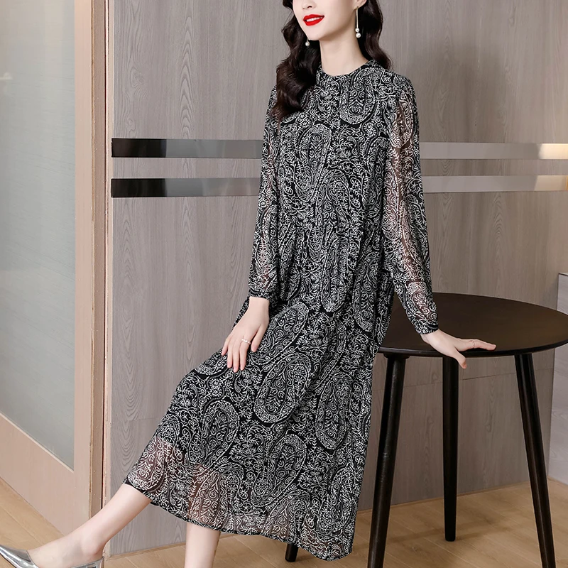 2024 New Black Print Chiffon Light Midi Dress Spring Summer Boho Elegant Loose Waist Dress Women Korean Fashion Casual Sundress