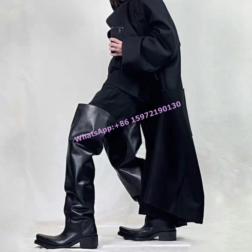 

Wide Slouch Black Boots Square Toe Slip On Chunky Heels Pleated Thigh High Boots Couples Fashion Concise Winter Shoes 2025