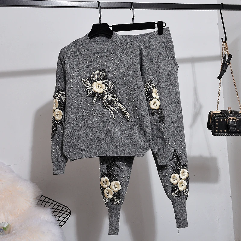 Autumn New Tracksuit Women Beading Flower Knitted Sweater + Pencil Pants Two Piece Set Female Casual Pullover Tops Trousers Suit