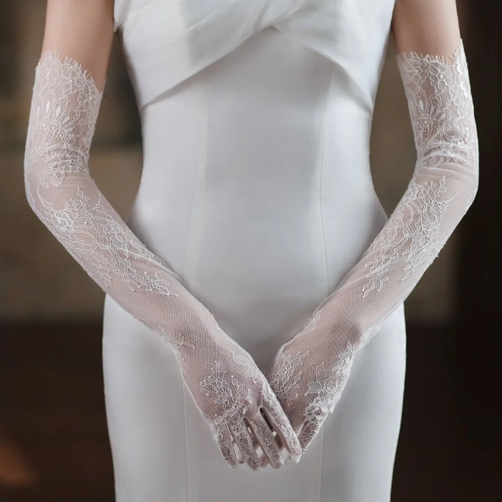 Elegant Solid Color Lace Gloves Transparent Mesh Long Gloves Flower Thin Bridal Gown Accessories Wedding