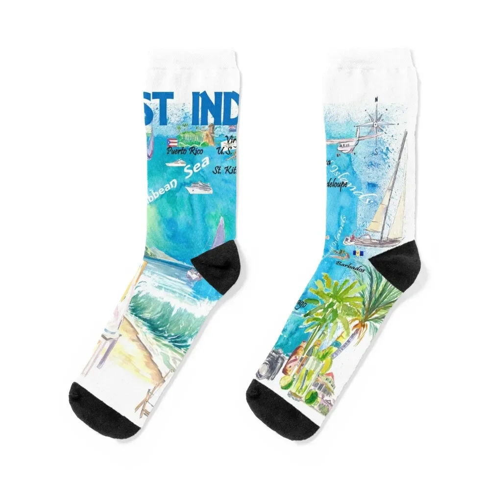 

West Indies Illustrated Travel Map with Leeward and Windward Antilles Socks Climbing Stockings man sheer Socks For Girls Men's
