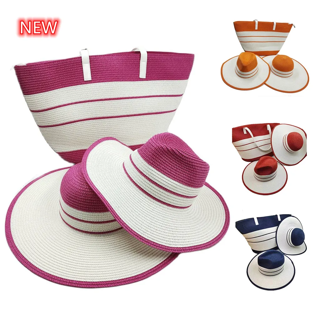 Colorblock Straw Hat and Straw Bag Beach Sunshade Ladies Hat Panama Jazz Hat Leisure Travel Top Hat Sun Hat Fashion Set