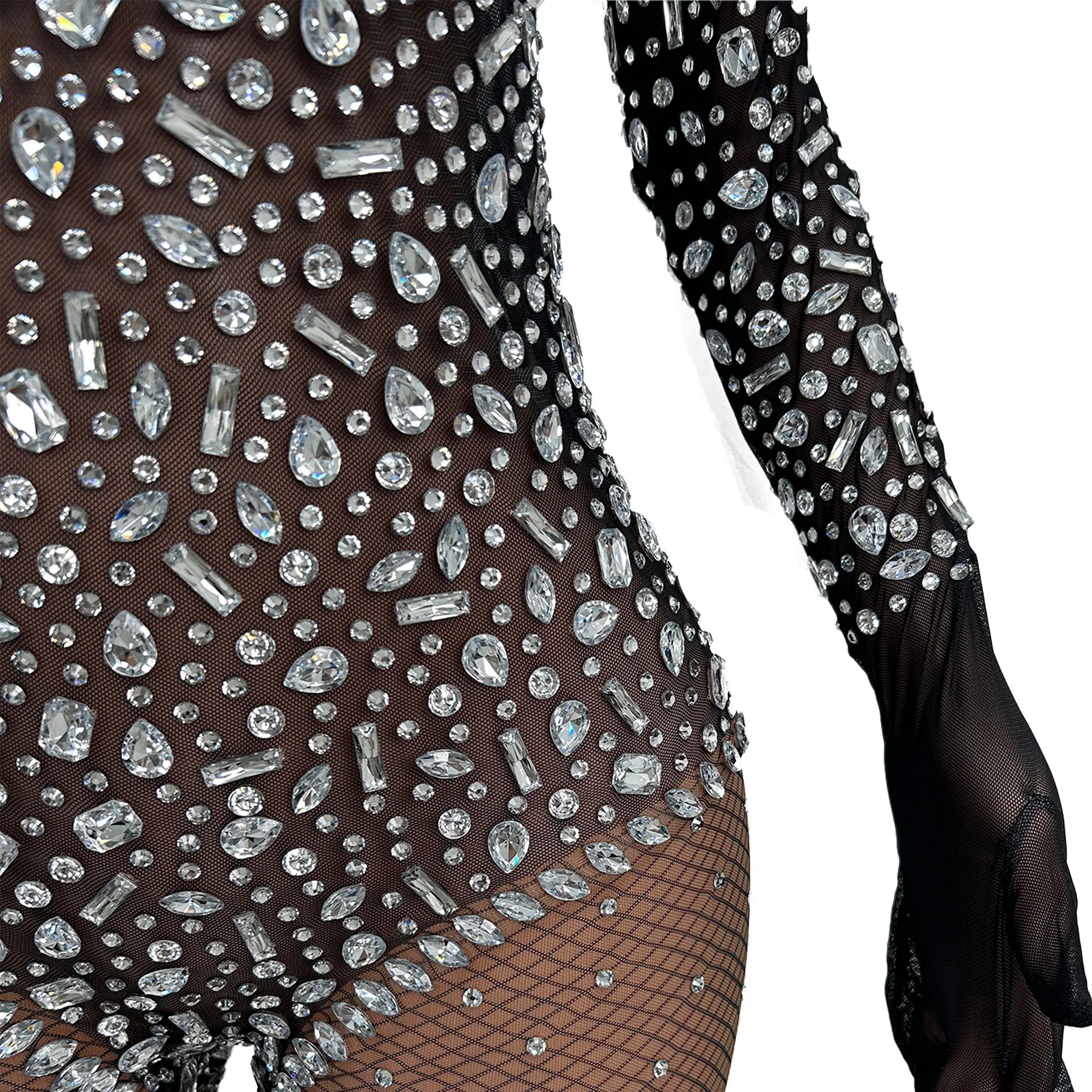 Tute con strass a maniche lunghe alla moda Tute aderenti con diamanti da donna Body da ballo Spettacolo Performance Body Abiti da festival