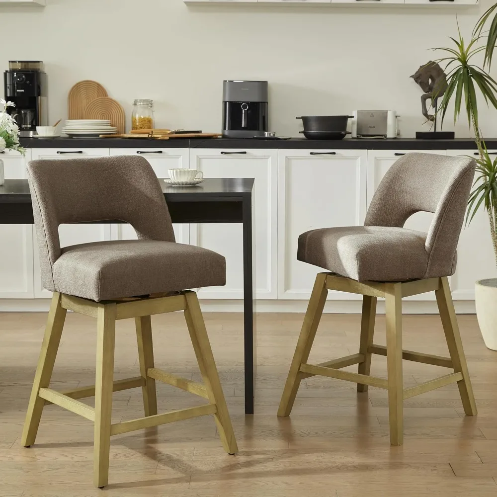 

27" Swivel Bar Stools Set of 2, Upholstered Counter Height Barstool with Solid Rubberwood Legs, Barstools for Kitchen Island, B