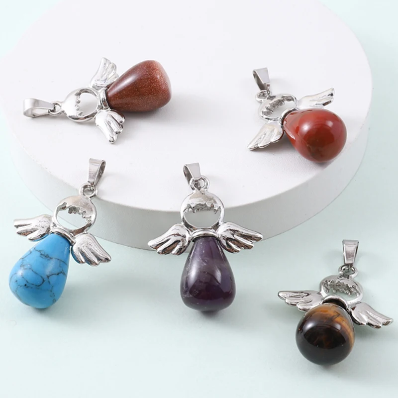 Fashion Natural Gemstone Angel Pendant Necklace Rose Pink Quartz Aventurine Crystal Pendant Silver Drop Women\'s Jewelry Silver