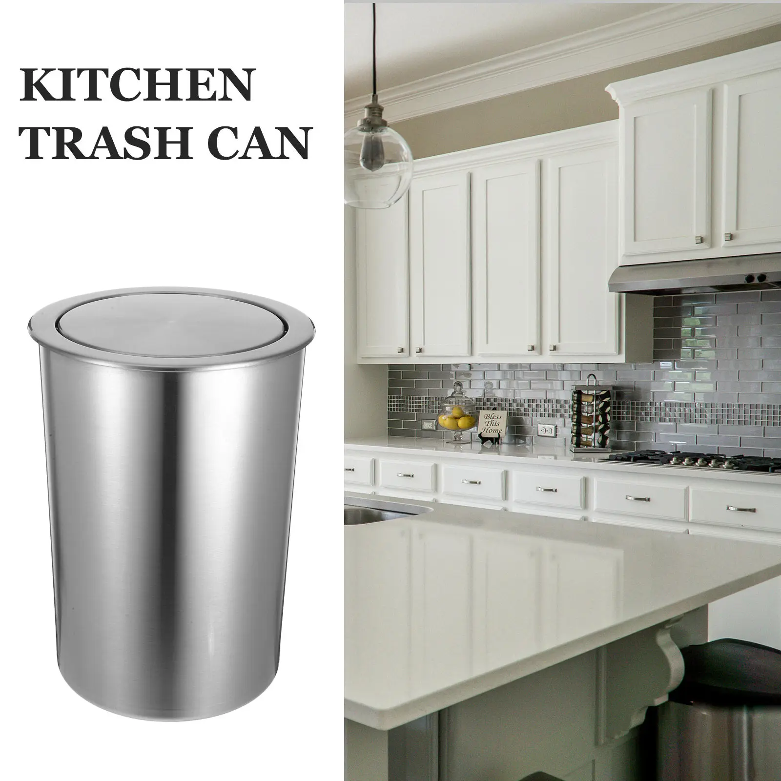 Countertop Trash Can with Cover Kitchen Lid Embedded Bin Small Metal Rubbish Garbage for