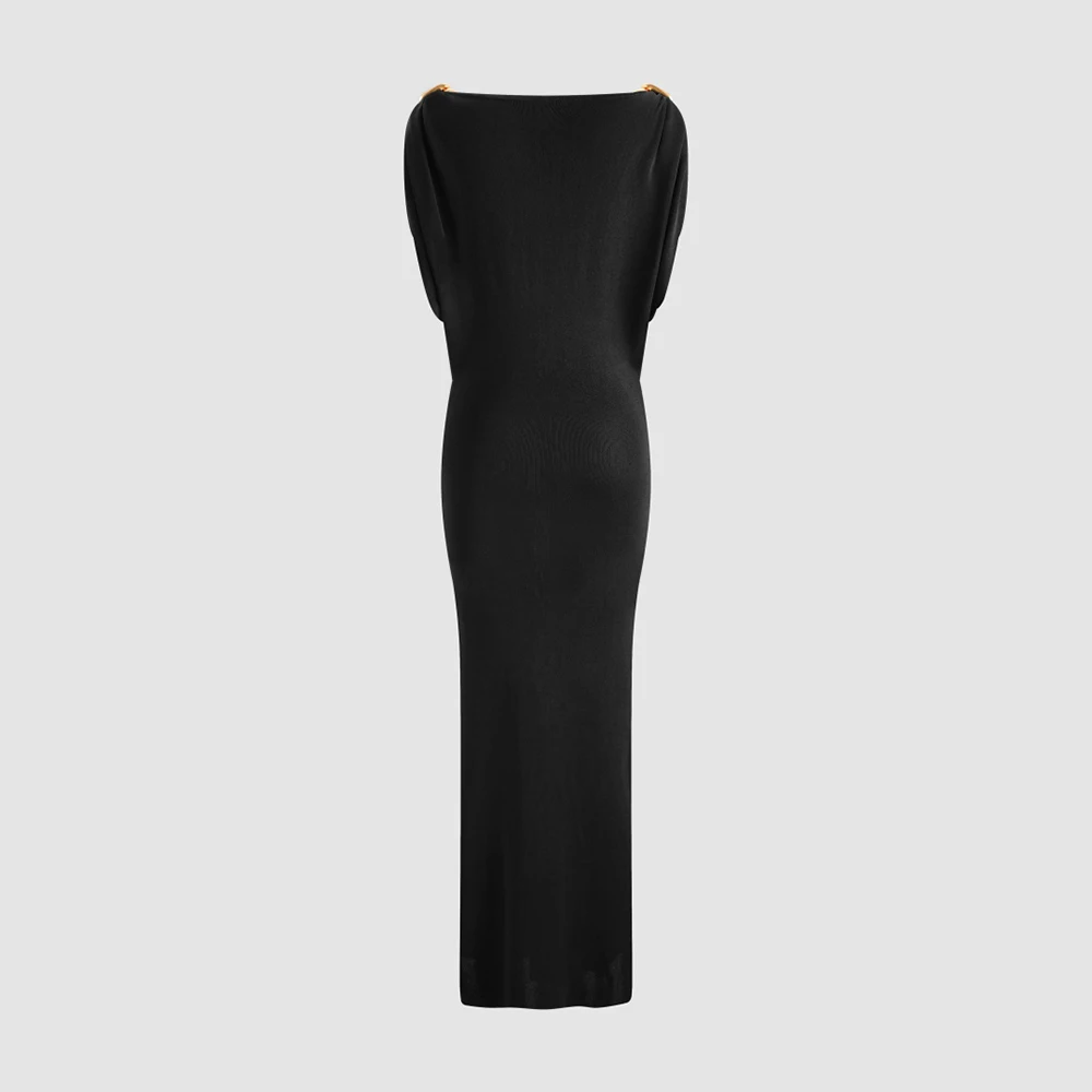 Ladies Sleeveless Bodycon Midi Dress Metal Shoulder Ornament Ruched Elegant Long Dress Women Evening Cocktail Party Formal Dress