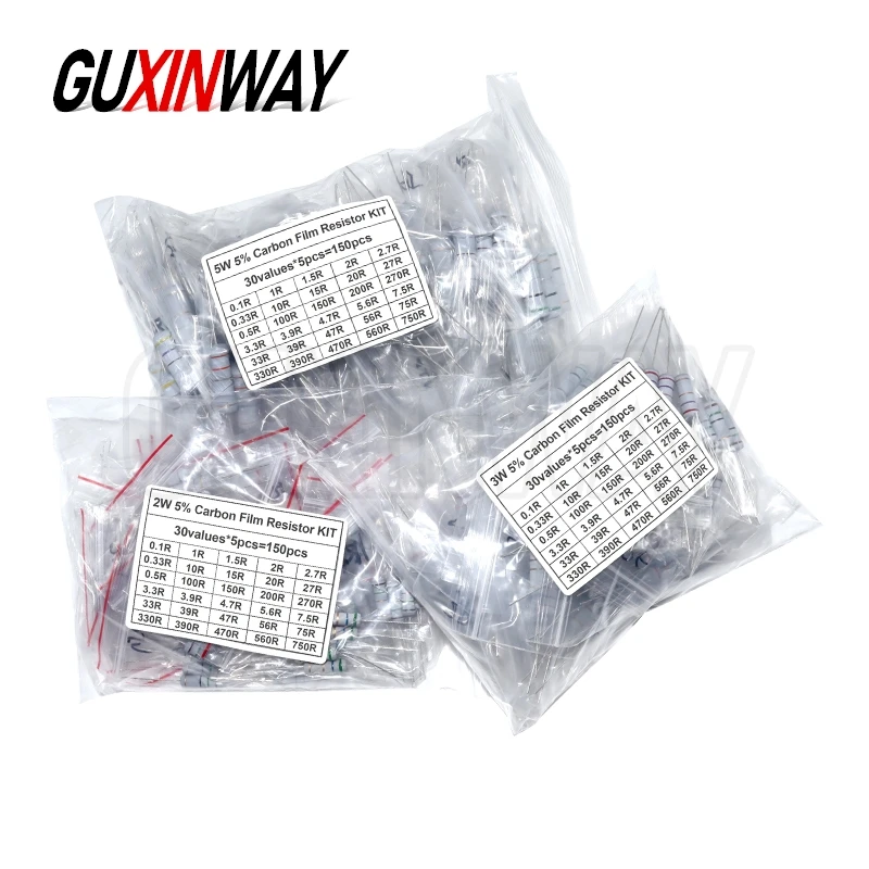 150PCS Resistor Kit 2W 3W 5W 5% 30valuesX5PCS Carbon Film Resistance 0.1R-750R ohm 1K-820K Set