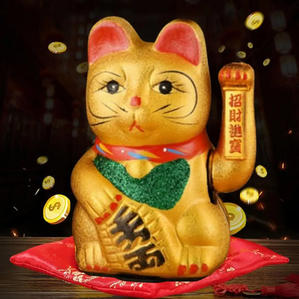 7 Inches Lucky with Blessing Words Shaking Hands Design Ceramic Chinese Style Lucky Cat Sculpture Opening Ceremonys Gift