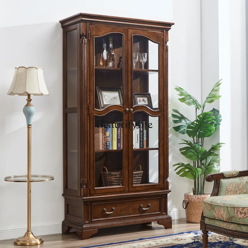 

American all-solid wood wine cabinet double door with glass household two-door display locker