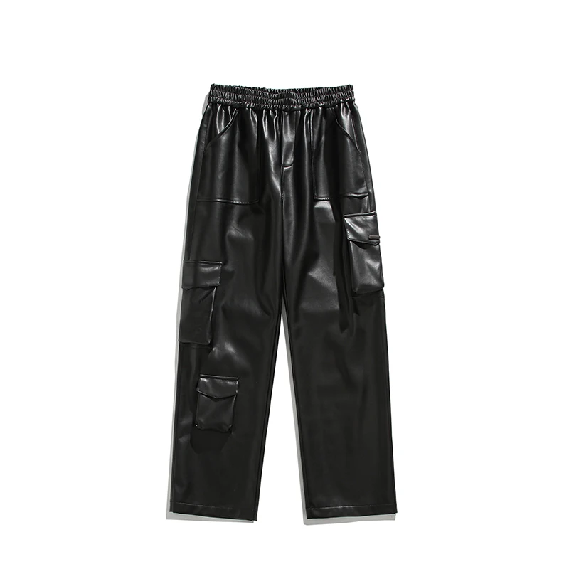 Schwarze Lederhose Männer übergroße Retro-Tasche Cargo hose Männer Streetwear Hip-Hop lose Hose mit weitem Bein Herren Motorrad hose