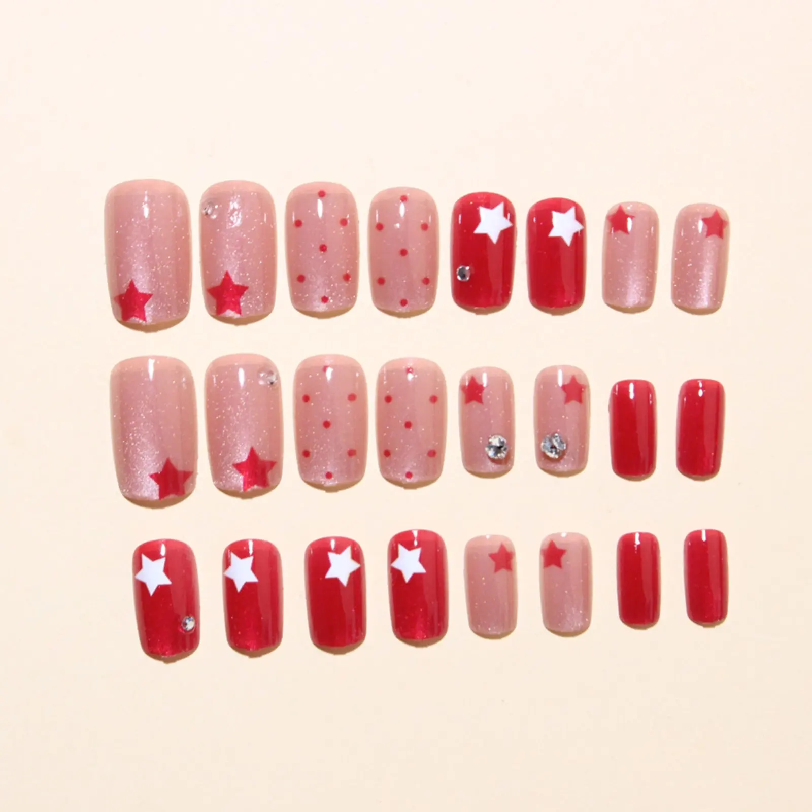 Short Ballet Fake Nails 24Pcs Pink Glossy Cat's Eyes Press On Nails Five-pointed Star/Polka Dot Printed Y2K Girls Charm Nail Art