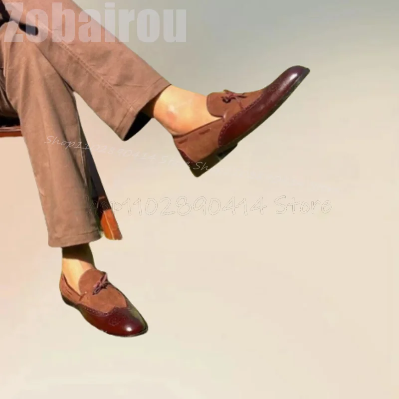 

Brown Carving Design Knitted Strap Patchwork Loafers Fashion Slip On Men Shoes Luxurious Handmade Party Banquet Men Dress Shoes