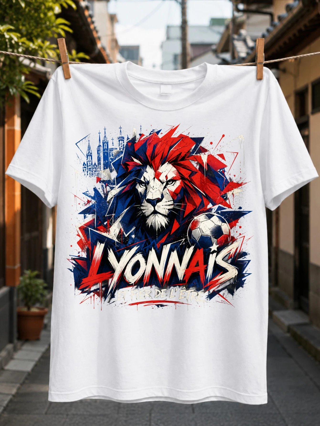 Lyonnais and Proud angular lion football city silhouette and red blue shards dynamic graffiti  Unisex All T-Shirt