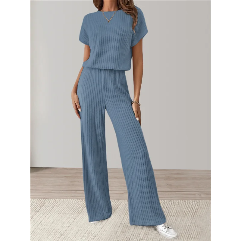 ABP-femmes décontracté été voyage vacances porter deux pièces costume à manches courtes jambe large pantalon costume décontracté