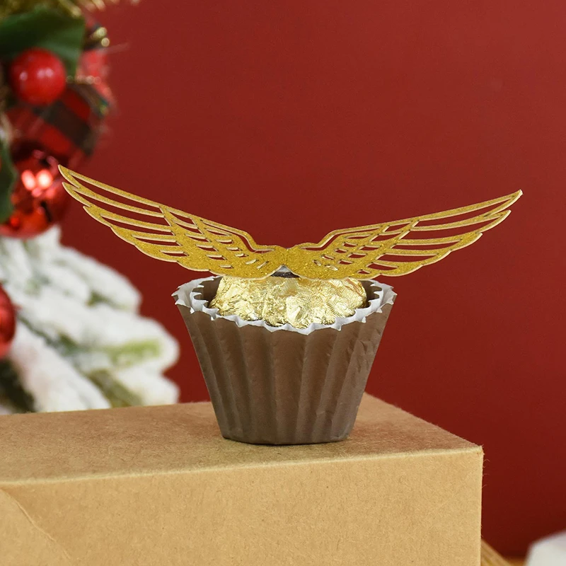 50pcs Wings Chocolate Cake Decoration Wizard Party Hollowed Glitter Gold Wings Cake Card Insert Toppers Birthday Wedding Decor