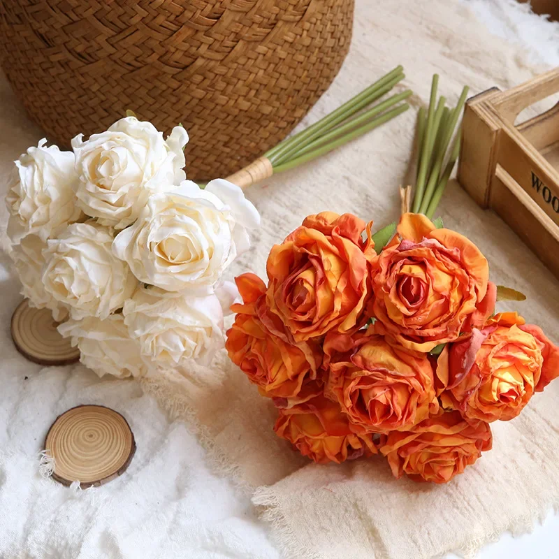 7pcs/bouquet Head Artificial Roses Holding Bunches Artificial Flowers Wedding Home Decoration Fake Flowers Decoración Hogar