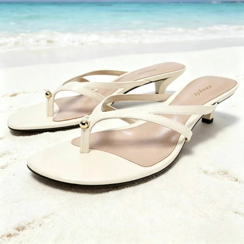 Luxury Metal String Bead Decorate Kitten-Heel Slippers Women Fashion Cross Tied Designer Shoes Comfort Clip Toe Beach Flip Flops