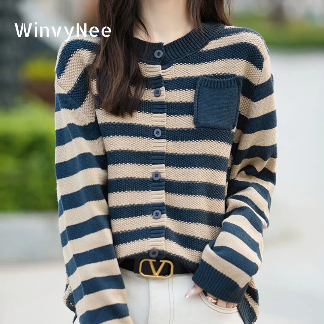 

WinvyNee Cotton Long-Sleeve Single-Breasted Striped Casual V-Neck Warm Pockets Knitwear Autumn Winter Women Cardigans B1572010