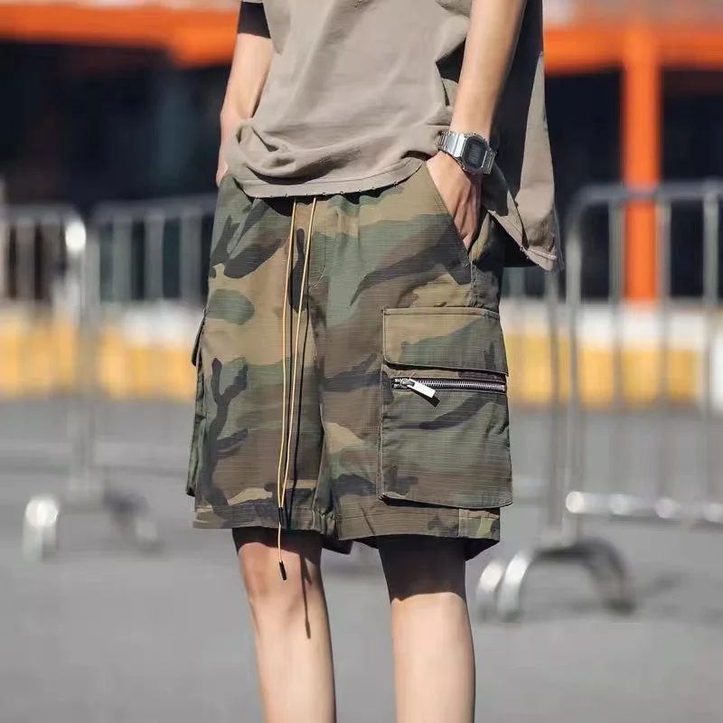 

Vintage Pocket Casual Short for Men Summer Hiphop Pants High Street Elastic Wais Tactical Camouflage Cargo Shorts Man
