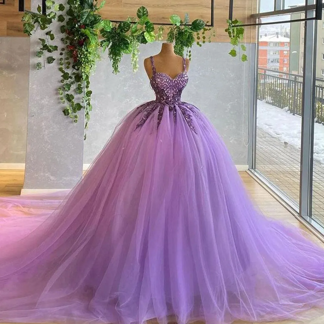 Generous Princess Purple Tulle V Neck Prom Dresses 3D Floral Applique Zipper Back Long Formal Party Gowns Custom 02