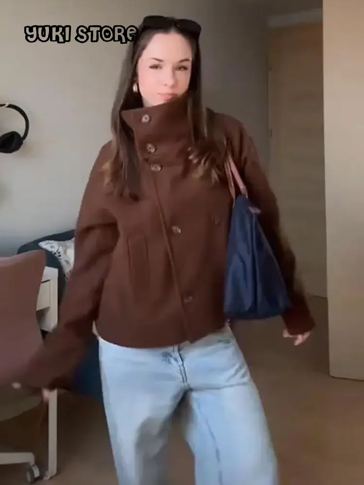 

Fashion High-necked Short Woolen Coat Women Double Breasted Pockets Long Sleeve Jacket 2025 Autumn Winter Lady Chic Outwear New