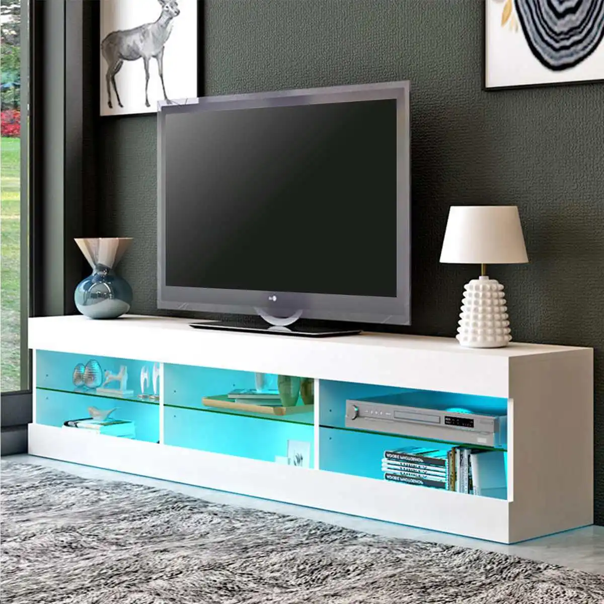 57 inch RGB LED TV Unit Cabinet Stands with 6 Open Drawers TV Bracket Table Home Living Room Furniture tv Stands US Shipping