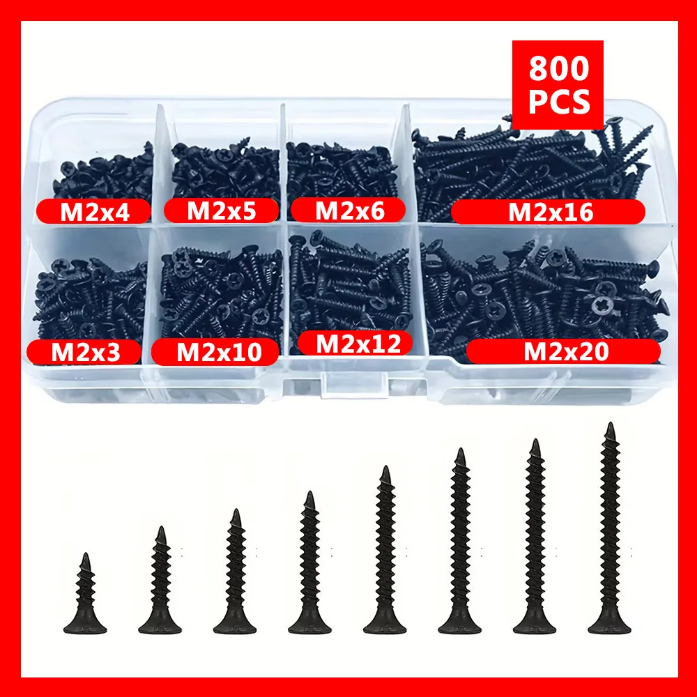 800PCS M2 Black Phillips Self Tapping Screw Assortment Kit Locking & Wood Screws Set for Various Applications