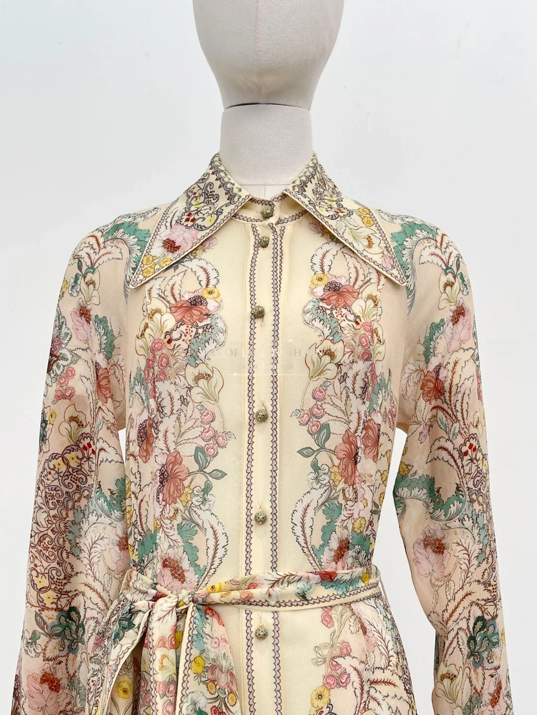 فساتين نسائية حرير كتان 2025 ماكسي جديد أنيق بيج بطبعة زهور وأكمام طويلة #1