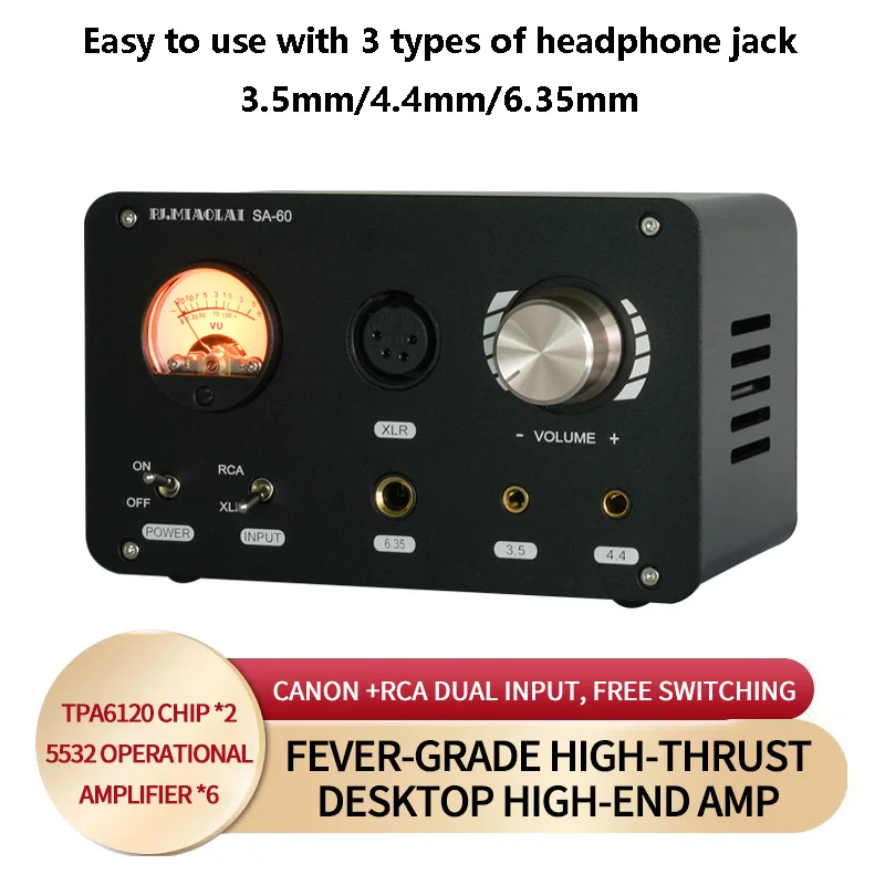 SA-60 HIFI Desktop Headphone Amplifier Fully Balanced 4.4mm High Power Head Amp Dynamic VU Meter Multiple Output Interfaces