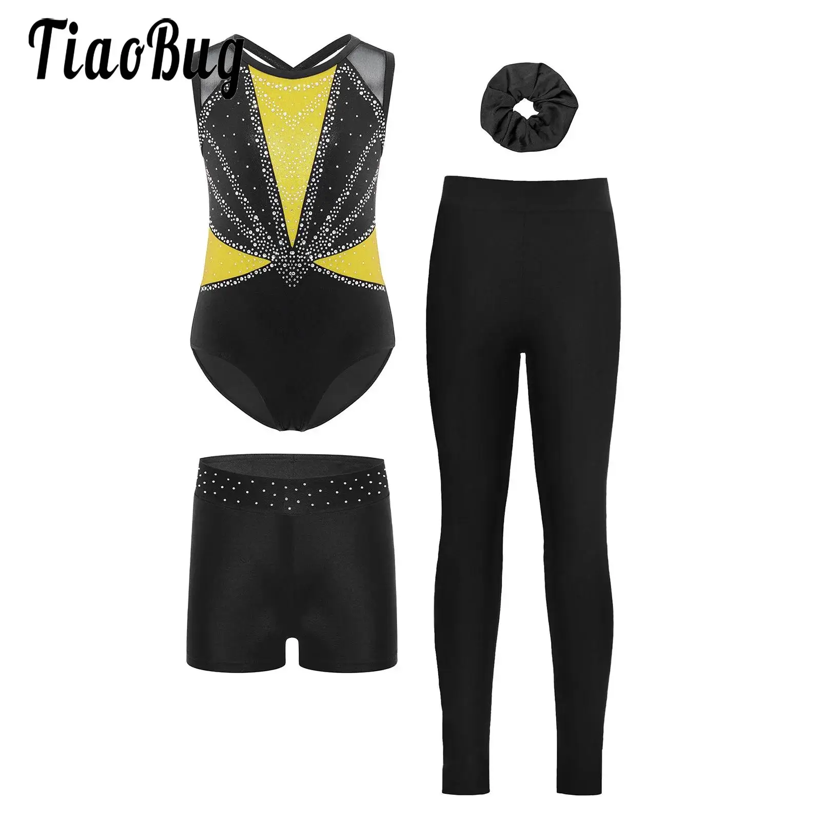 Kids Girls Gymnastics Dance Figure Skating Costume Set Sleeveless Rhinestones Metallic Leotard with Shorts Leggings And Hairband