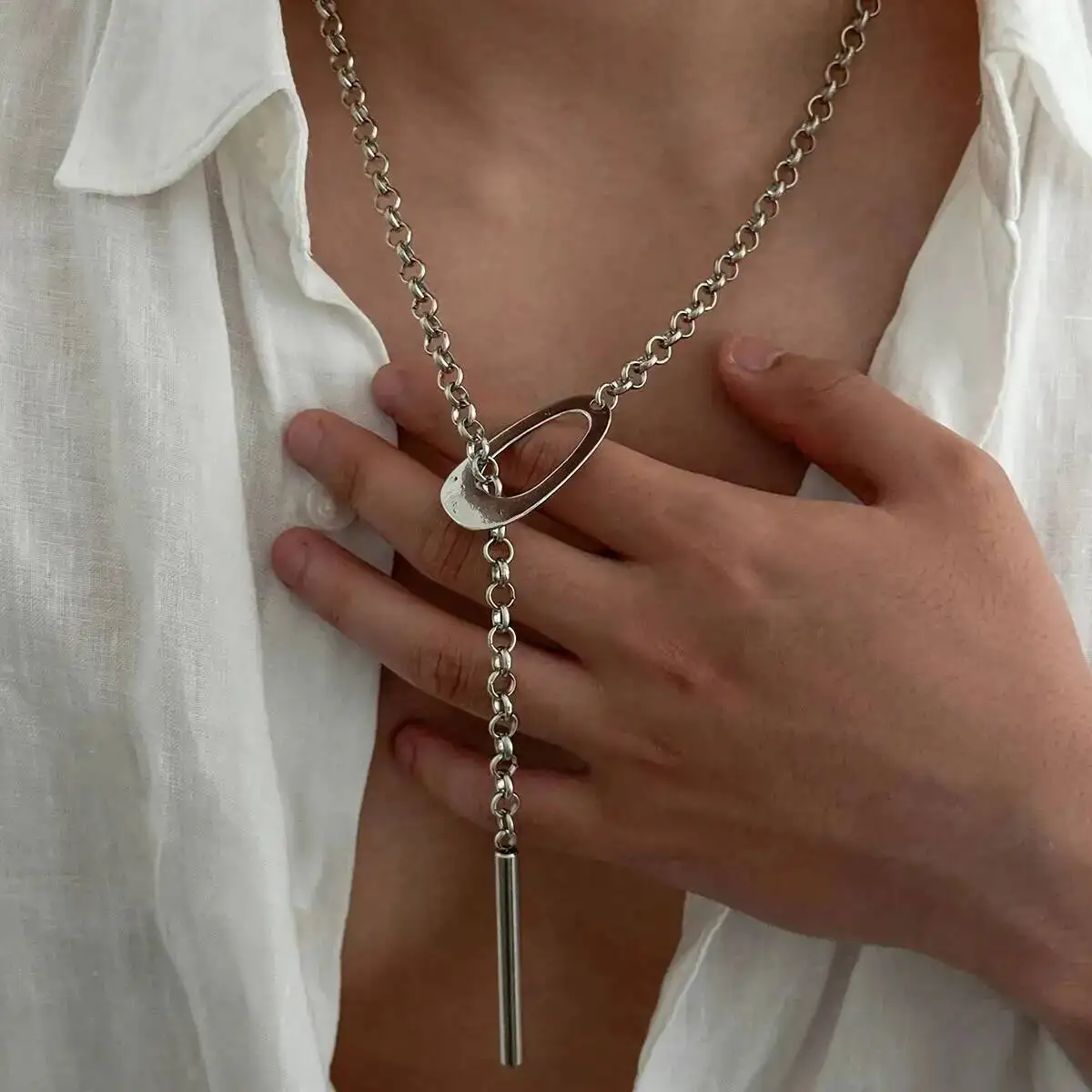 IngeSight.Z Fashion Adjustable Y-Shaped Long Pendant Necklace for Men Punk Creative Metal Clavicle Chain Jewelry Accessory Gift